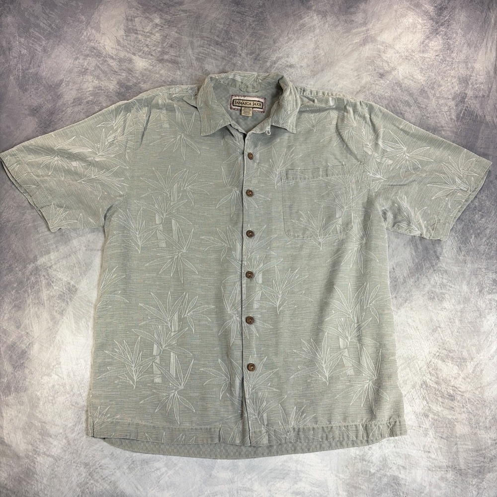Vintage Jamaica Jaxx Button Down Mens Medium Green Silk Bamboo Jacquard Shirt